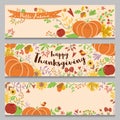 Autumn banners set horizontal. Three templates in cartoon style Hand drawn pumpkin forest fall flowers bird Cute vector Royalty Free Stock Photo