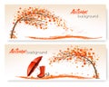 Autumn banners with trees and umbrella and rain boots. Royalty Free Stock Photo