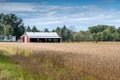 Autumn barn with golden field and farm equipment