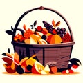 Autumn basket with fruit and vegetables. Vector illustration in cartoon style. generative AI Royalty Free Stock Photo