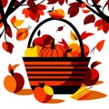 Autumn basket with pumpkins, apples and leaves. Vector illustration. Generative AI Royalty Free Stock Photo