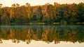 Autumn beautiful forest reflected in the water of the lake.