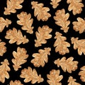 Autumn beige oak leaf on a black background. Seamless pattern. Watercolor illustration. Leaf fall. For printing on fabric, Royalty Free Stock Photo