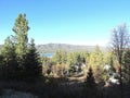 Autumn, 2017 in Big Bear Lake, California: forest in the foreground with part of big bear lake & mountains seen in the background.