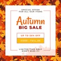 Autumn big sale design with a pile of dry leaves illustration background. Fall discount for online shop flyer promotion.