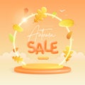 Autumn big sale poster with 3D plastic podium, neon arch and autumn leaves fall.