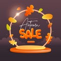 Autumn big sale poster with 3D plastic podium, neon arch and autumn leaves fall.