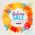 Autumn big sale watercolor poster with autumn leaves wreath. Autumn background Royalty Free Stock Photo