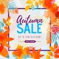 Autumn big sale watercolor poster with autumn leaves. Autumn background Royalty Free Stock Photo