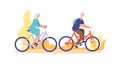 Autumn bike ride concept. Flat elderly characters riding bicycles vector illustration
