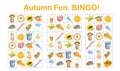 Autumn Bingo printable game with topical vocabulary to practice language knowledge, fall holiday classroom or leisure activity