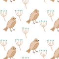 Autumn bird with floral elements - seamless pattern