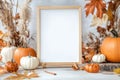 Autumn blank canvas with pumpkins and falling leaves for seasonal creativity Royalty Free Stock Photo