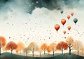 Autumn Bliss: A Dreamy Illustration of Balloons and Leaves in a