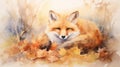Autumn Bliss: Fox Relaxing on a Carpet of Fallen Leaves AI Generated
