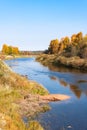 Autumn blue sky bend in the river with sandy bank in Vologodskaya oblast, Russia Royalty Free Stock Photo