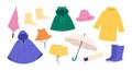 Autumn boots and accessories. Raincoat, umbrella and hat. Colorful rainy season clothers. Adults and childs raincoats