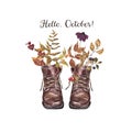 Autumn boots with flowers and leaves. Watercolor fall floral shoes illustration