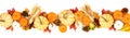Autumn border of assorted pumpkins, gourds, leaves and corn, top view isolated on white Royalty Free Stock Photo