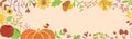 Autumn border horizontal decorated pumpkin fall flowers leaves Autumn banner Ribbon Place for text Royalty Free Stock Photo