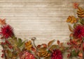 Autumn border on vintage wooden background Royalty Free Stock Photo