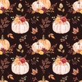 Autumn botanical seamless pattern. Watercolor hand-painted pumpkins, flowers, tree leaves, berries Royalty Free Stock Photo