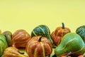 Autumn bottom border banner of pumpkins, gourds and fall decor on yellow background with copy space Royalty Free Stock Photo