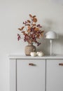 Autumn bouquet in a ceramic vase, scandinavian style table lamp, decorative pumpkins on a white chest of drawers