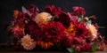 Autumn bouquet dahlias flowers in red, burgundy colors on dark background. Royalty Free Stock Photo