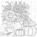 Autumn bouquet of flowers, pumpkins and tea.Coloring book antistress for children and adults.