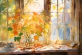 autumn bouquet of maple branches in a vase on the windowsill illustration watercolor,generative AI.