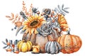 Autumn bouquet in pumpkin, sunflower flowers, vintage black roses, leaves, candle, rose hips. Thanksgiving, Halloween