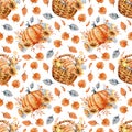 Autumn bouquet of pumpkins, sunflower, berries, fallen leaves, basket. Seamless pattern with flower arrangement