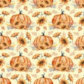 Autumn bouquet of pumpkins, sunflower, berries, fallen leaves. Seamless pattern with flower arrangement, watercolor illustration