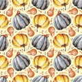 Autumn bouquet of pumpkins, sunflower, berries, fallen leaves. Seamless pattern with flower arrangement, watercolor