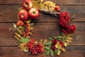 Autumn bouquet ripe wreath wood surface concept