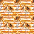 Autumn bouquet of sunflower, berries, fallen leaves. Seamless pattern with flower arrangement, watercolor illustration