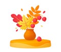 Autumn bouquet in vase, 3d leaves in pot on podium. Fall creative realistic plasticine design artwork. Isolated decor