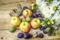 Autumn bouquet of white dahlias with apples,prunes with nuts and figs