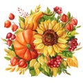 Autumn bouquet of yellow flowers, sunflowers and pumpkin on an isolated white background, watercolor painting Royalty Free Stock Photo