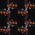 Autumn bouquets of red and orange flowers on black background. Vector seamless pattern