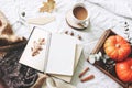 Autumn breakfast in bed composition. Card, notebook mockup. Cup of coffee, eucalyptus leaves, pumpkins on wooden tray