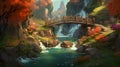 Autumn Bridge At Waterfall: Exotic Fantasy Landscape