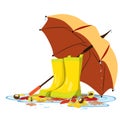 Autumn bright illustration vector for greeting cards illustrations books boots in a puddle umbrella chestnuts