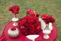 Autumn bright wedding table setting. Luxurious stylish autumn wedding decor in marsala color. Flowers and dishes at the wedding Royalty Free Stock Photo