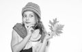 Autumn bucket list for children. Girl cute face wear knitted autumn hat and scarf hold leaves white background. Autumn