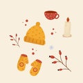 Autumn bundle of cute and cozy hygge elements. Set of fall twigs with leaves, foliage, berries, candle, hat, gloves.