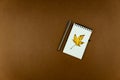 Autumn busines concept - blank ring-bound notebook with golden maple leaf and pen on brown background with copy space Royalty Free Stock Photo