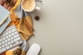 Autumn business concept. Top view photo of workplace computer mouse keyboard notepad pen cup of hot drinking yellow maple leaf Royalty Free Stock Photo