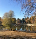 Autumn by the lake in VDNH VVC park, Moscow. Zolotoy Kolos fountain. Royalty Free Stock Photo